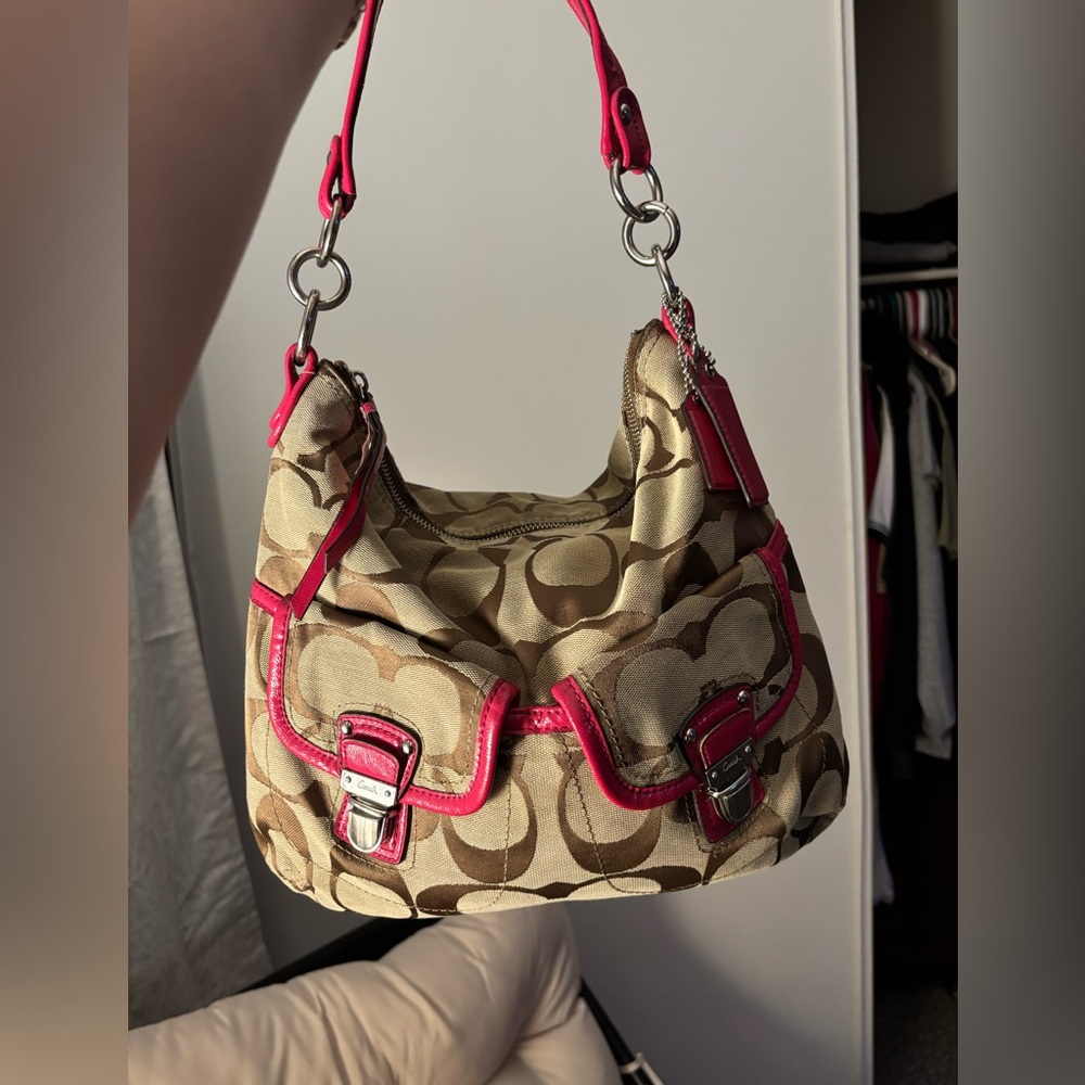 Coach Beige and Pink Signature Shoulder Bag